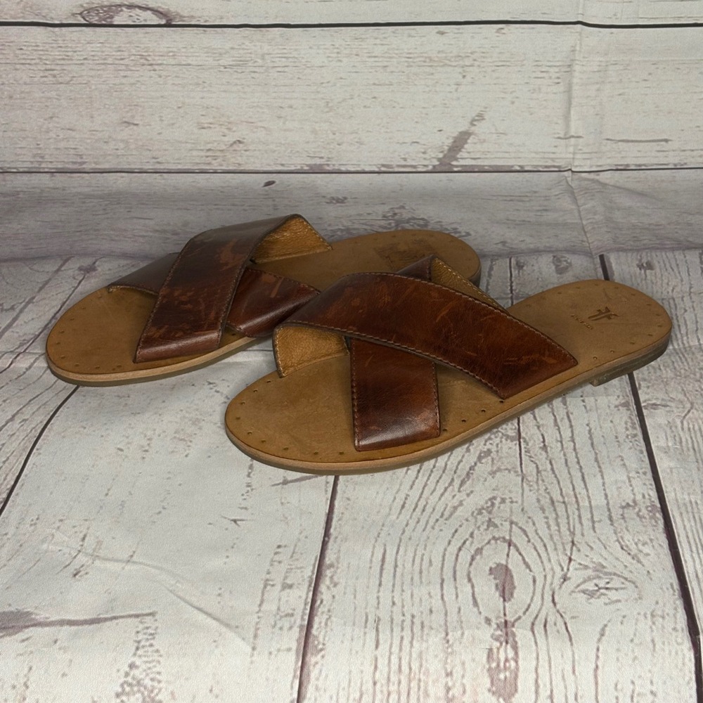 Frye Womens 6M Brown Leather Crisscross Slide Sandals 3479138-RDD Cognac Flat